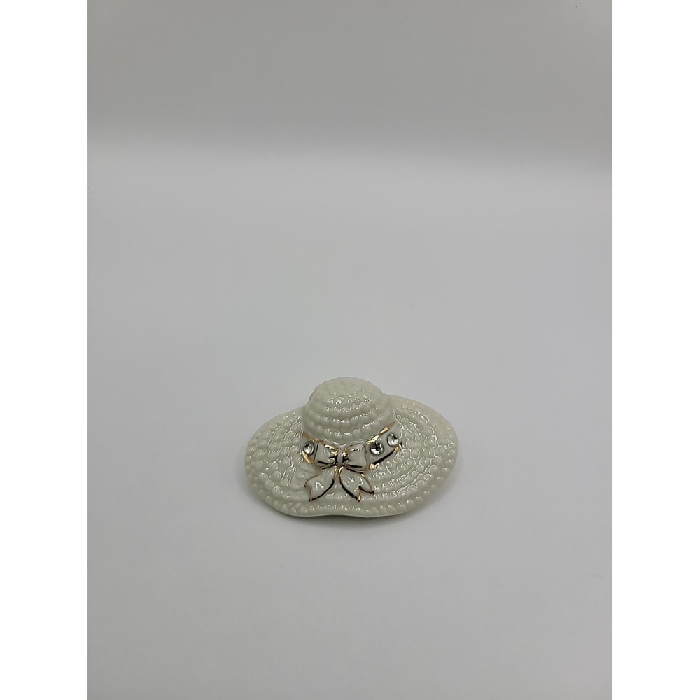 Vintage Lenox Porcelain Hat Brooch Ivory with Gold Tone‎ Bow Rhinestones Signed